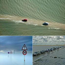 جاده‌ای در فرانسه که روزی دو بار ناپدید می‌شود/جزر و مد دریا باعث می‌شود سطح آب دچار تغییر شود و جاده به ظاهر پنهان گردد