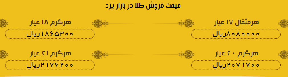 قیمت طلا در بازار یزد چهارشنبه 26 اردیبهشت97 +لیست